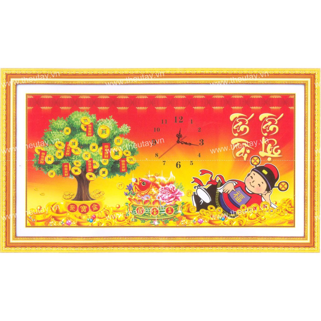 Tranh Thêu Chữ Thập 3D Đồng Hồ + kết chỉ đồng tiền xu vàng, hạt đá Tấn Tài Tấn Lộc 88828 (KHÁCH TỰ THÊU) KT::83X45CM