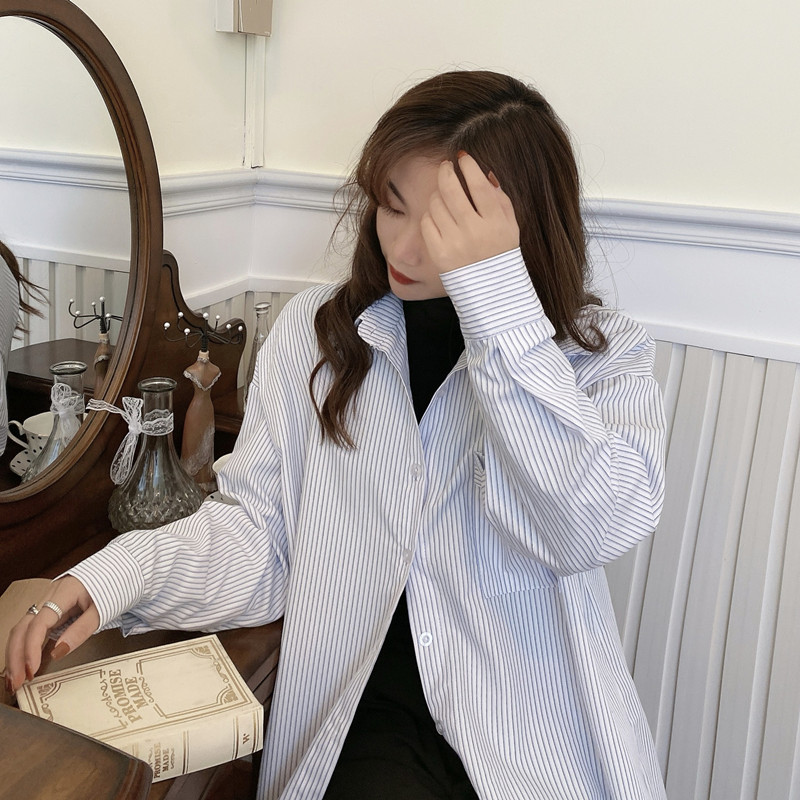 SUXI Áo Sơ Mi Nữ Tay Dài Kẻ Sọc Phong Cách Retro