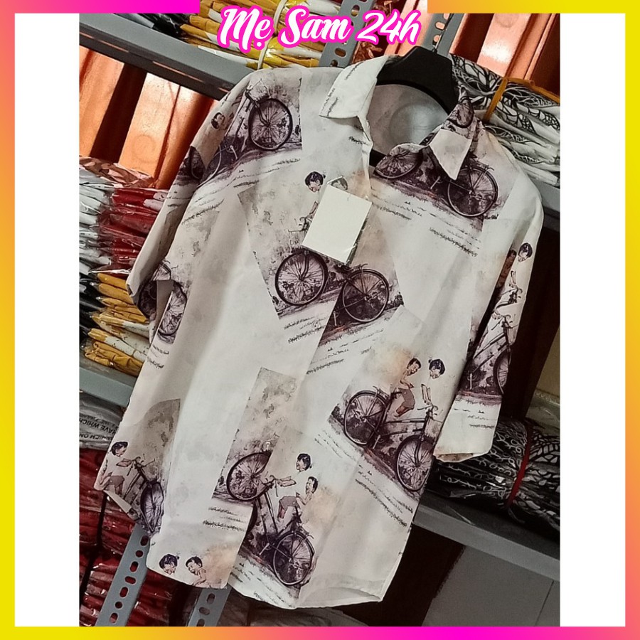 Áo sơ mi nữ form rộng tay lỡ freesize Mẹ Sam 24h, chất liệu đũi mềm mát, họa tiết in hình Xe Đạp SMH.43