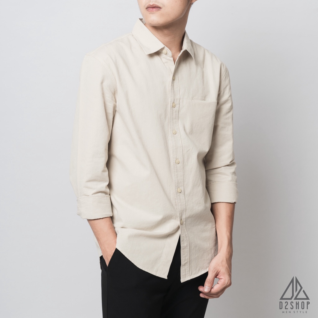 Áo sơ mi nam D2shop, áo sơ mi dài tay nam, vải xéo, túi mổ, màu ivory