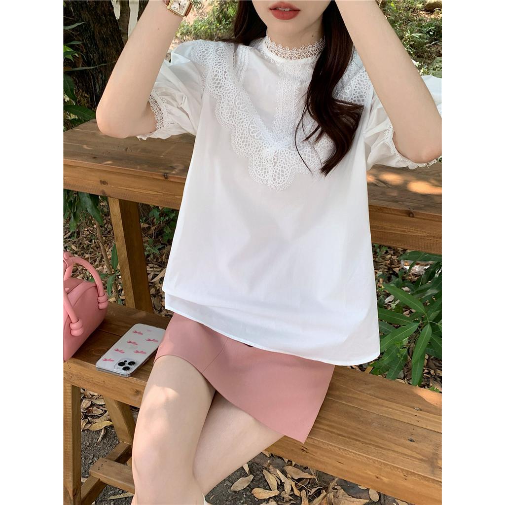 Áo Sơ Mi Trơn Cổ Đứng Ngắn Tay Phối Ren Cỡ Nhỏ Thời Trang Sành Điệu 62321