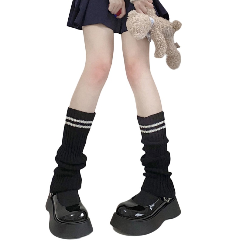 Vớ ống dệt kim sọc gân giữ ấm hai đường kẻ sọc phong cách Lolita kiểu đồng phục dành cho nữ sinh