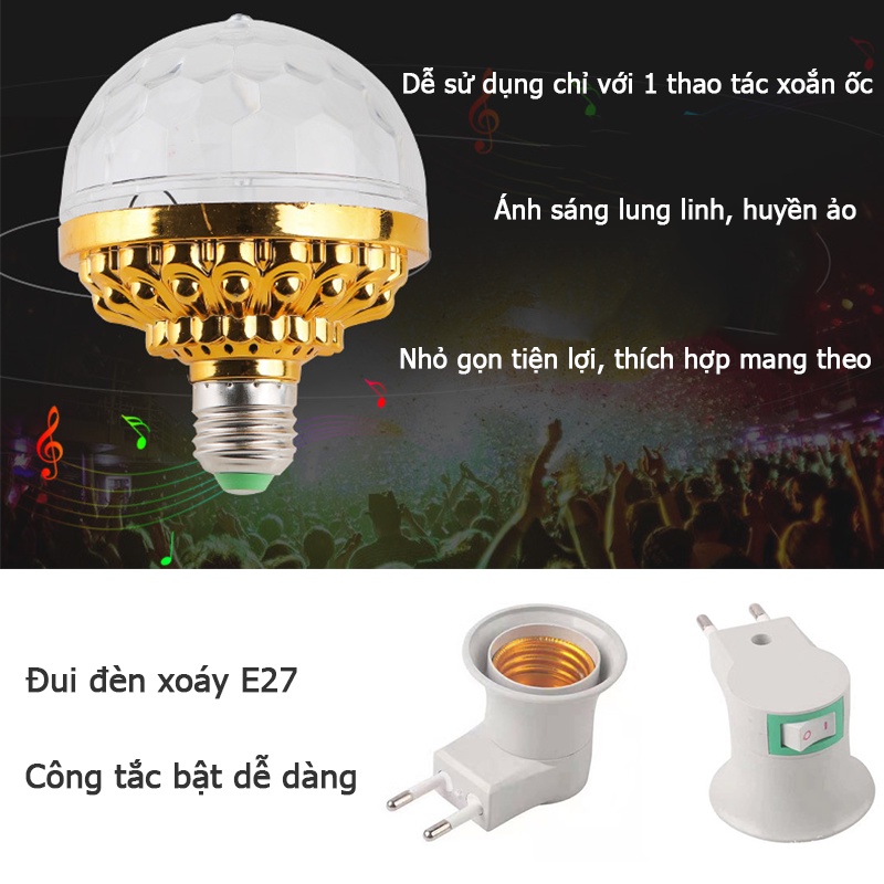 Đèn led xoay 7 màu vũ trường nháy chớp theo nhạc bay phòng sân khấu hiệu ứng 360 độ kèm đui cắm E27.