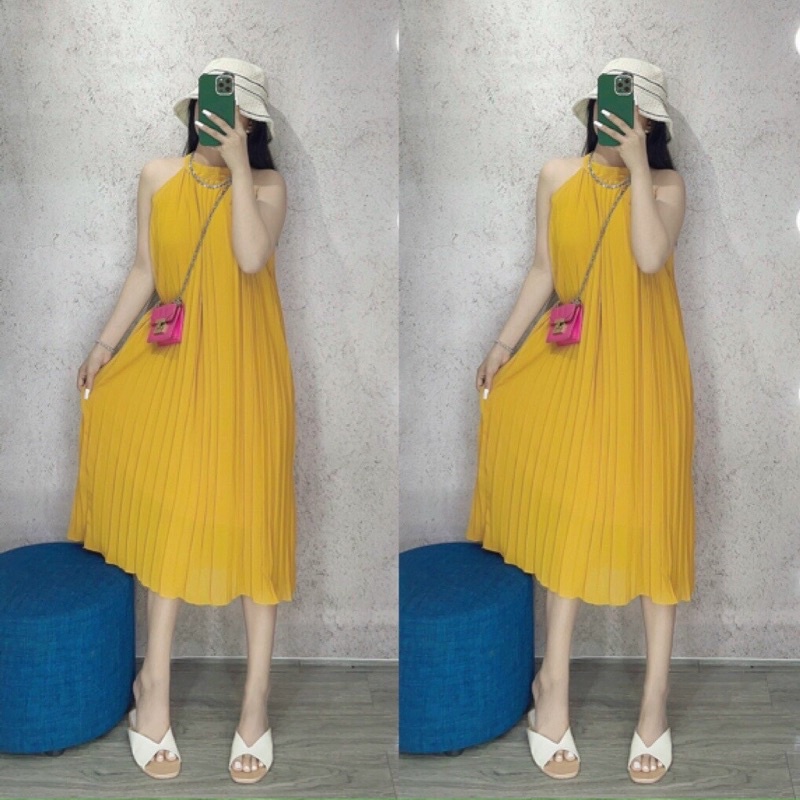 [Siêu hot]Đầm suông dập ly cổ yếm siêu cưng -bầu bí bon chen thoải mái-hình thật. alohashop91