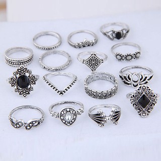 Set 15 Nhẫn Mạ Bạc Đính Đá Pha Lê Đen