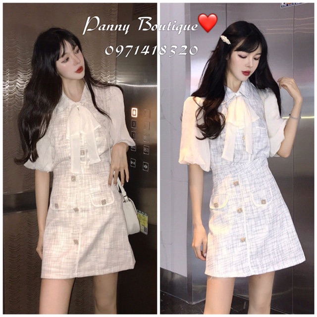 (Hàng sẵn có ảnh thật) Bộ kẻ áo tay chuông cổ nơ và chân váy, style ulzzang Hàn Quốc 🌻 Panny Boutique 🌻