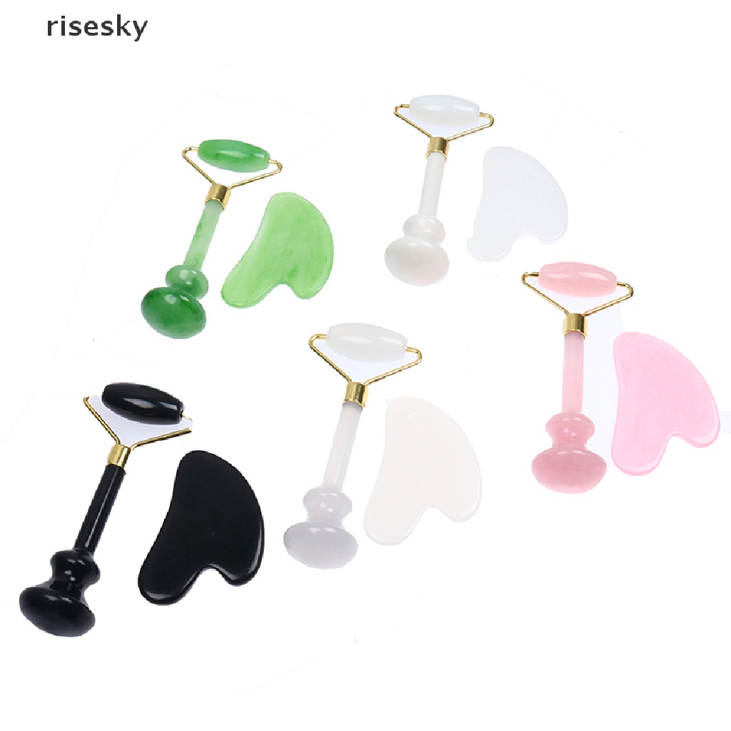 Bộ Dụng Cụ Lăn Massage Bằng Ngọc Bích Tự Nhiên + Bảng Guasha Board Cạo Bằng Đá SPA ♨Trên đó