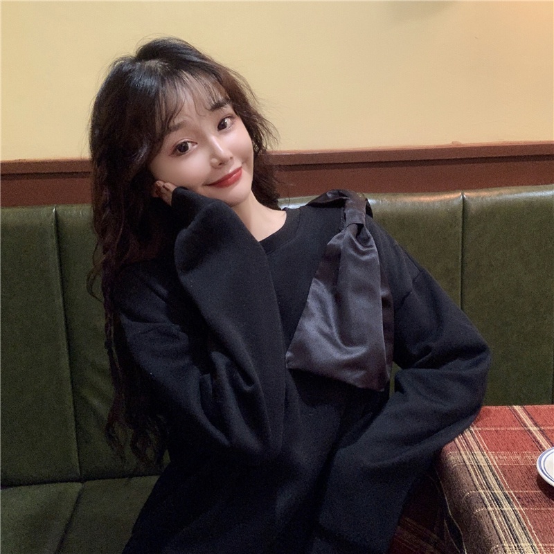 ZHELIHANGFEI Áo Thun Sweater Tay Dài Dáng Rộng Đính Nơ Dễ Thương