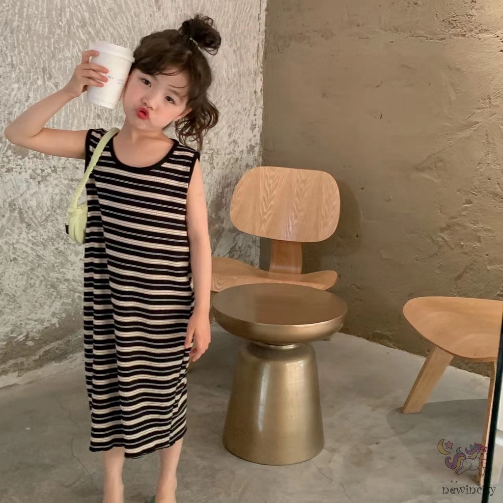 Đầm Sát Nách In Họa Tiết Kẻ Sọc Thời Trang Mùa Hè Hàn Quốc Cho Bé Gái