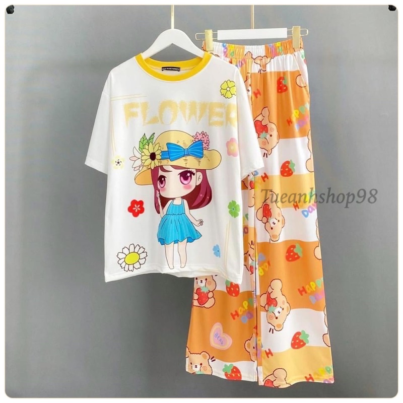 [Mẫu Mới] Set Bộ Quần Dài 3D Hoạt Hình Ống Suông - Bộ Đồ Nữ Quần Dài Ống Rộng Freesize 38-68kg TUEANHSHOP