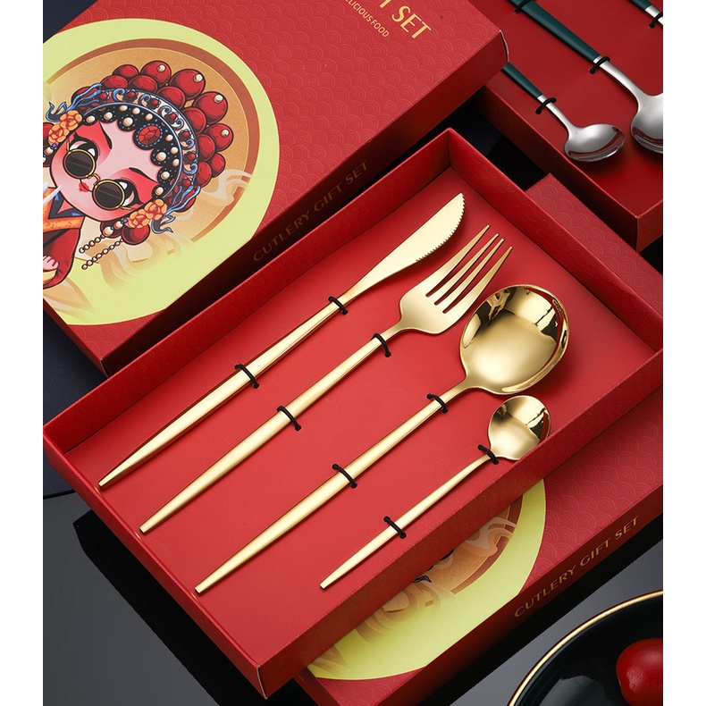 Bộ 4 dụng cụ ăn uống bằng thép không gỉ phong cách Trung Hoa cho năm mới