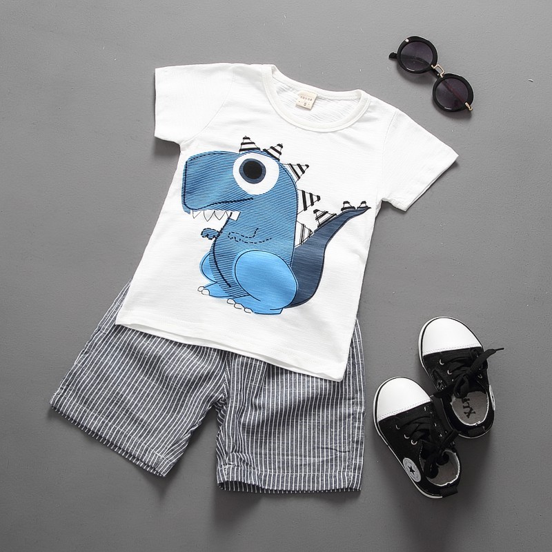 Set áo thun tay ngắn in hình khủng long + quần đùi thoải mái cho bé trai