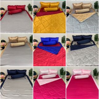 Bộ ga gối phi lụa phối màu 4 món (1 drap, 2 vỏ gối nằm, 1 vỏ gối ôm)