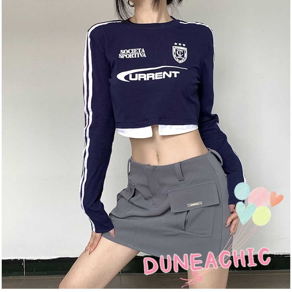 DUNEA Áo Thun Croptop Tay Dài In Chữ Cá Tính Trẻ Trung Cho Nữ