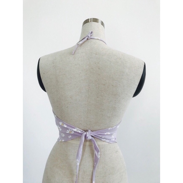 Áo yếm croptop cột sau lưng vải tím hoa cúc vnxk