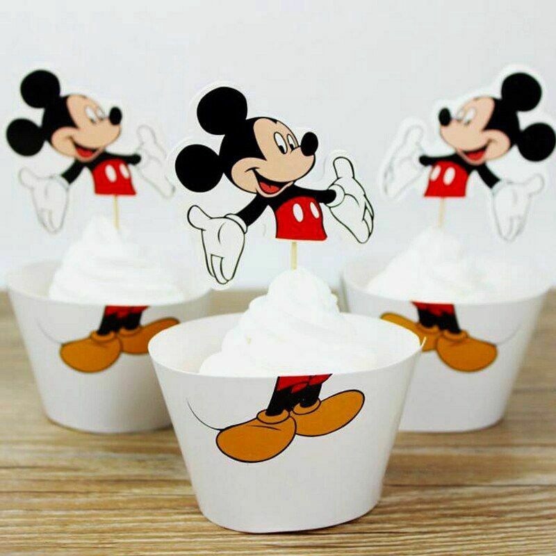 24pcs Cartoon Mickey Minnie Mouse Cupcake Wrappers Toppers pick Kids Cake cups