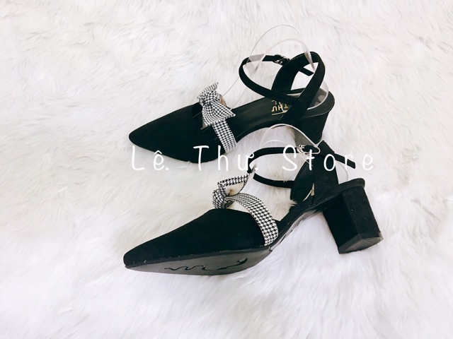 Giày cao gót 5 phân bít mũi nơ caro hở gót LT (BM020)