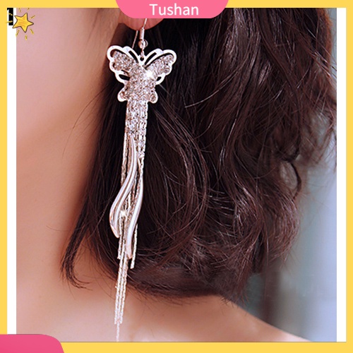Đôi khuyên tai tua rua dài hình bươm bướm đính đá thời trang cho nữ