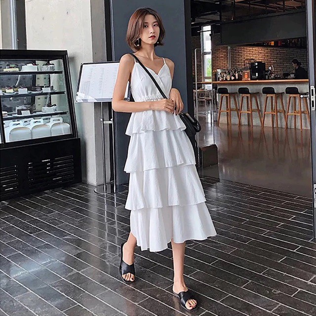 (Order-ảnh thật) có bigsize Đầm maxi 2 dây dáng xoè dài nhiều tầng 2019