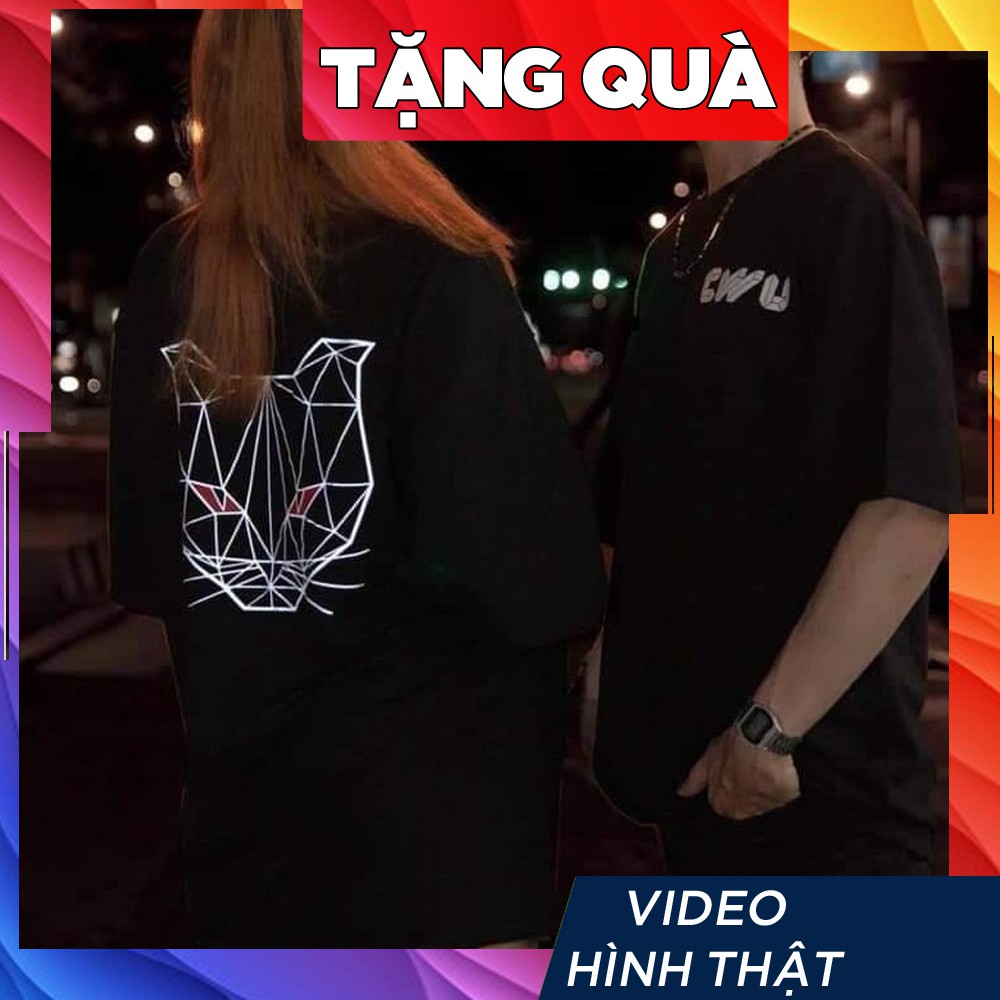 Áo thun tay lỡ freesize nữ phông form rộng Unisex, mặc lớp, nhóm, cặp in ĐẦU MÈO BÁO CWU màu đen | BigBuy360 - bigbuy360.vn