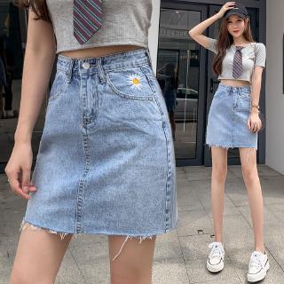 Chân Váy Denim Chữ A Lưng Cao Thêu Hoa Cúc Xinh Xắn Thời Trang Mùa Hè