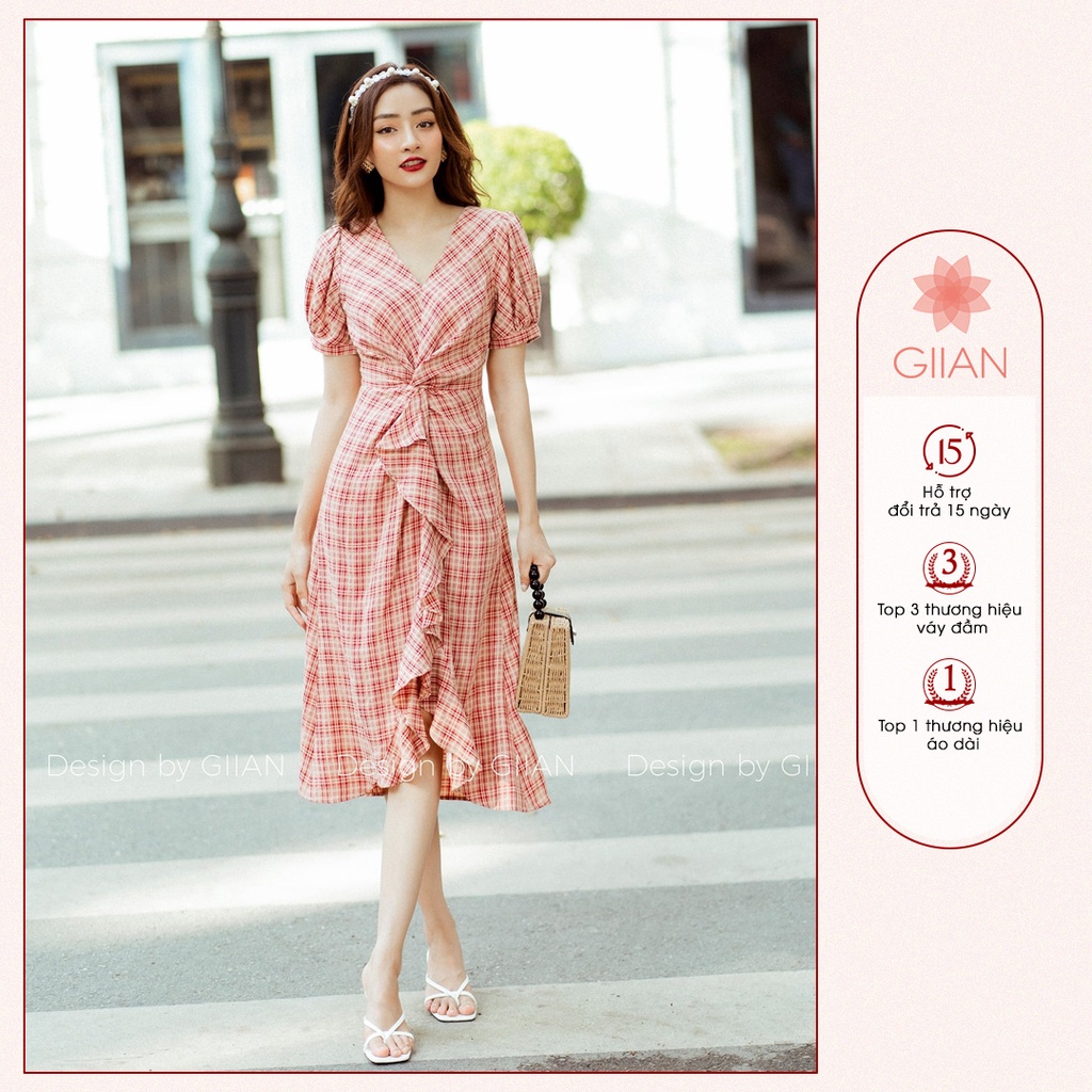 Váy kẻ caro xoắn eo ngắn tay cổ V GV2243 - Chính hãng Giian