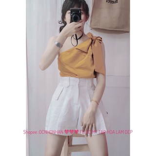 set áo lệch vai lụa nơ phôi quần short
