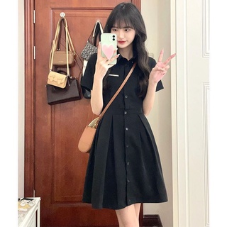 Váy đầm đen POLO cúc giữa nơ lưng basic phong cách Hàn Quốc
