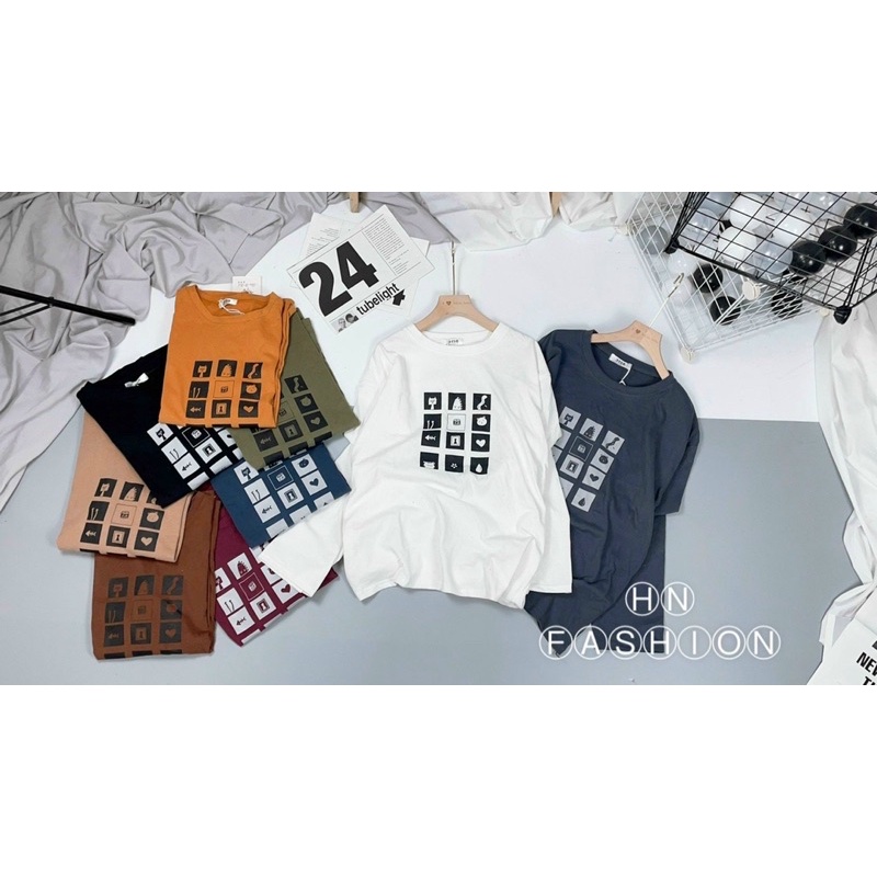 Áo phông cotton 3158 dài tay xuông hình ô vuông from rộng dành cho nữ - Ảnh thật