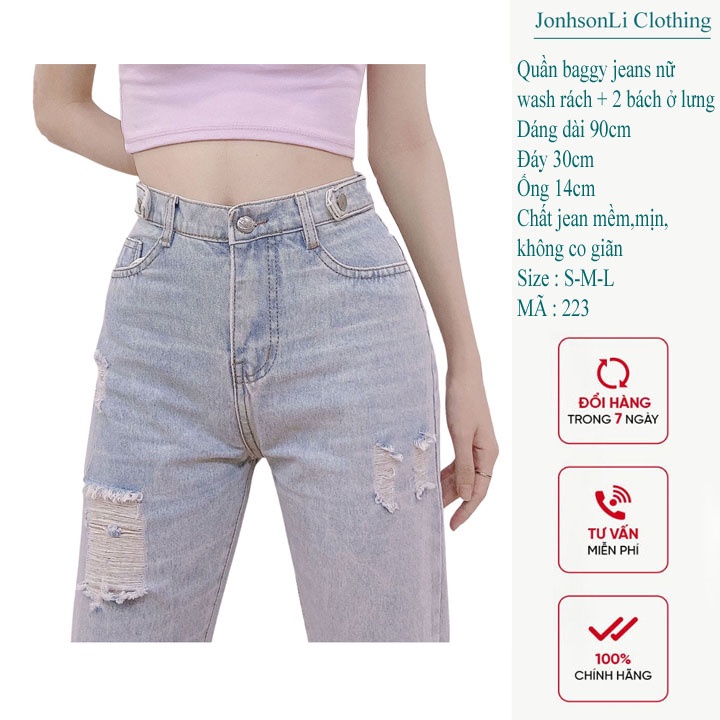 Quần baggy jean nữ lưng cao,màu xanh bạc cắt gối, JL223 JL JohnsonLi