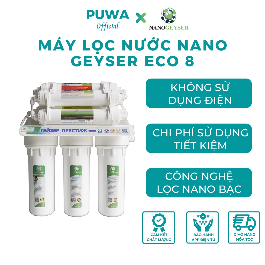 Máy lọc nước NANO GEYSER ECO 8, diệt khuẩn kép với 2 lần bằng công nghệ Nano bạc & 8 cấp độ lọc ưu việt