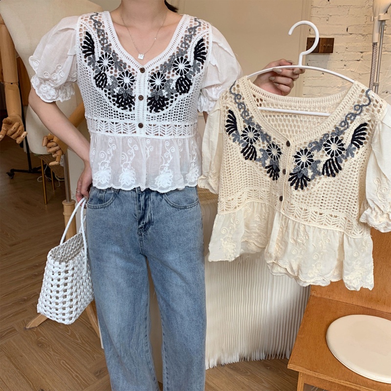 Áo Chiffon Peplum Cổ Chữ V Tay Ngắn Phồng Phối Nút Họa Tiết Hoa Cho Nữ