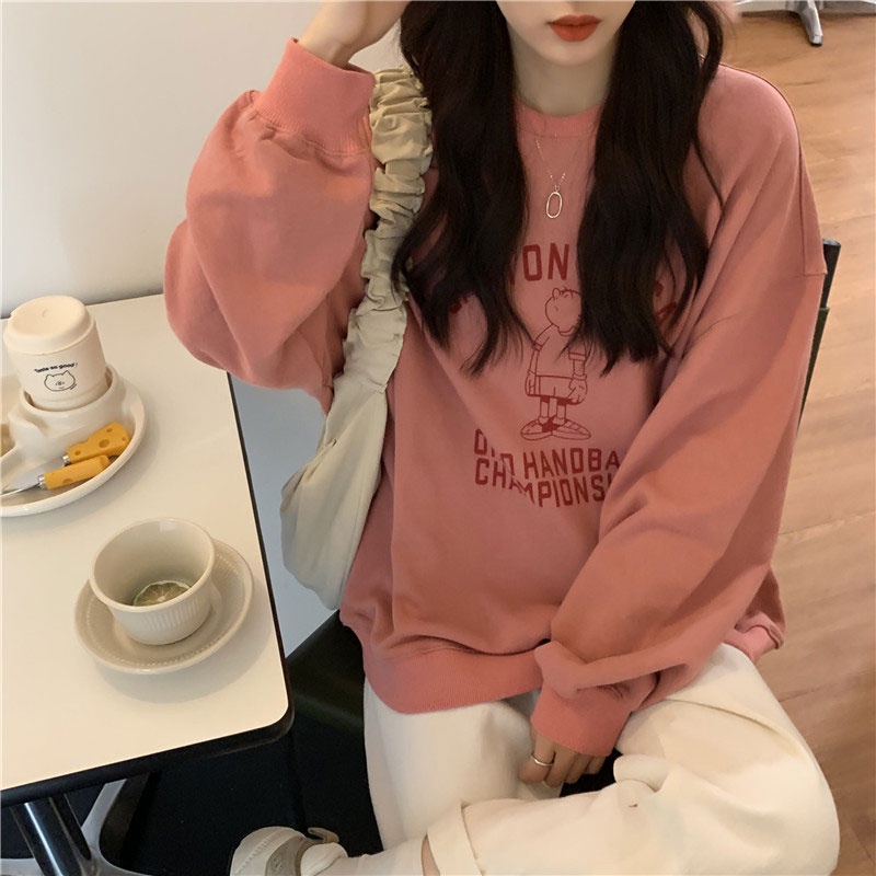 Áo Sweater Mỏng Tay Dài Cổ Tròn Dáng Rộng In Họa Tiết Dễ Thương Phong Cách Hàn Quốc Cho Nữ