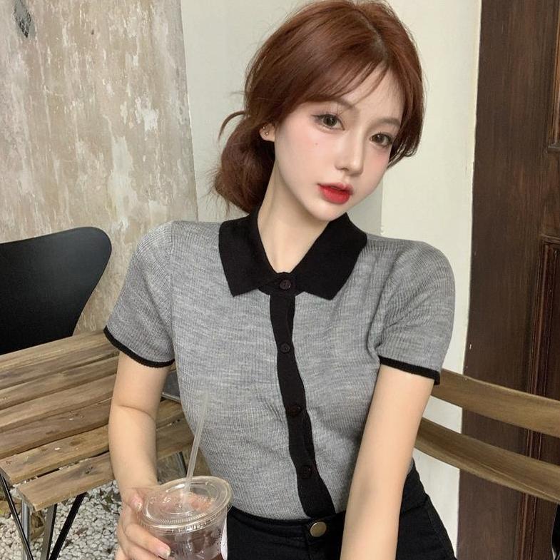 HPCL📣Áo polo dệt kim tay ngắn cổ bẻ phối màu thời trang mùa hè cho nữ | BigBuy360 - bigbuy360.vn