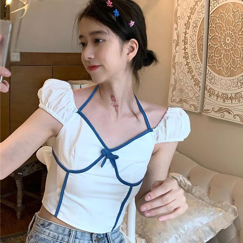 Áo tay ngắn cổ chữ V kiểu hở rốn quyến rũ thời trang phong cách Hàn Quốc cho nữ