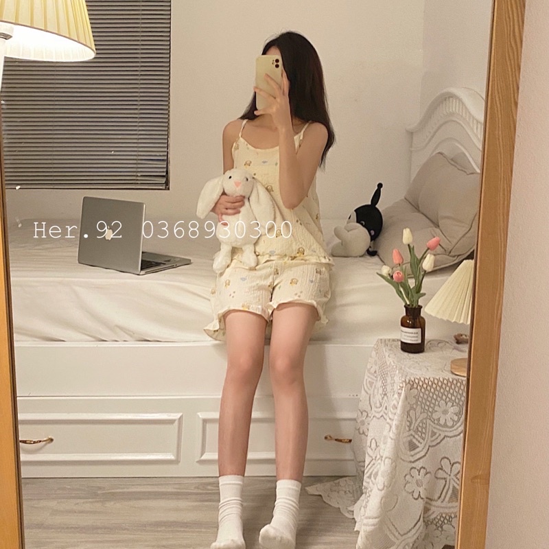 Bộ ngủ hai dây chất đũi xốp Hàn mặc nhà siêu xinh chất mát chào hè