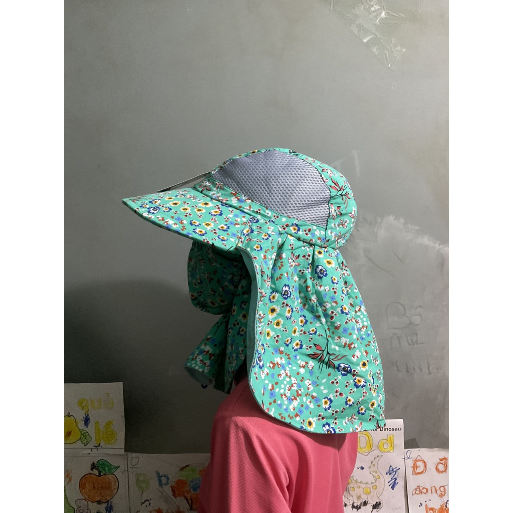 Khẩu trang nón Duy Ngọc vành tròn hoa nhỏ nhiều màu chất liệu cotton và lưới, thoáng mát, che vai và cổ