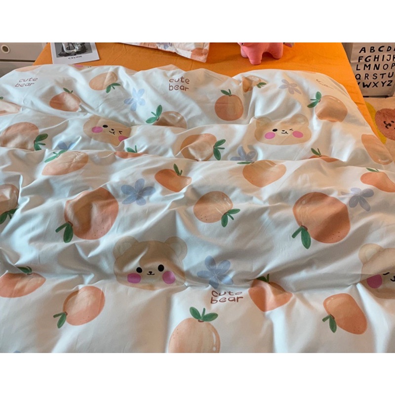 Bộ ga gối và vỏ chăn Cotton Poly nhập khẩu mẫu Gấu Cam Xịn Decor