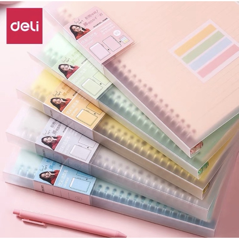 Sổ bìa còng kèm lõi Deli-gáy lò xo khổ A5/B5 có file lá phân và sticker đi kèm - 120 trang - Màu Pastel xinh xắn