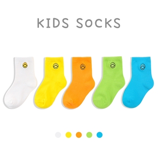 Bộ 5 Đôi Vớ Cotton Màu Trơn Thêu Mặt Cười Dễ Thương Cho Bé