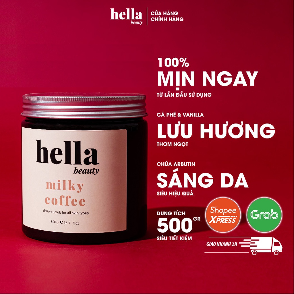 Tẩy Tế Bào Chết Body Cà Phê Hữu Cơ 500g Hella Beauty Cho Mọi Loại Da Giúp Dưỡng Trắng Da Toàn Thân, Giảm Mụn Mờ Thâm