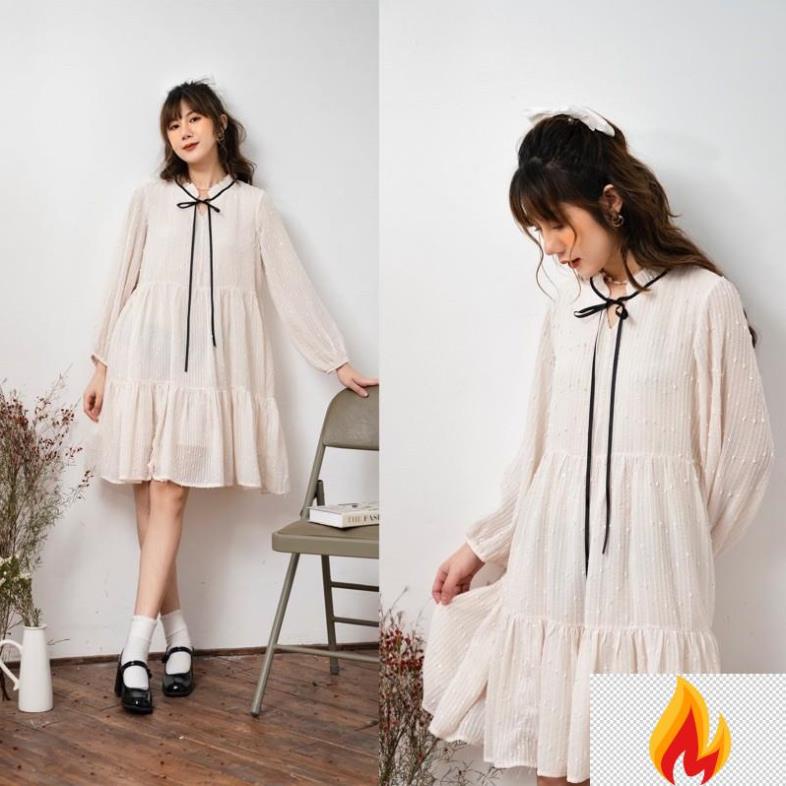 Đầm Vải Kim Sa Nơ Đen, Phom Suông Phong Cách Tiểu Thư -KLH)(