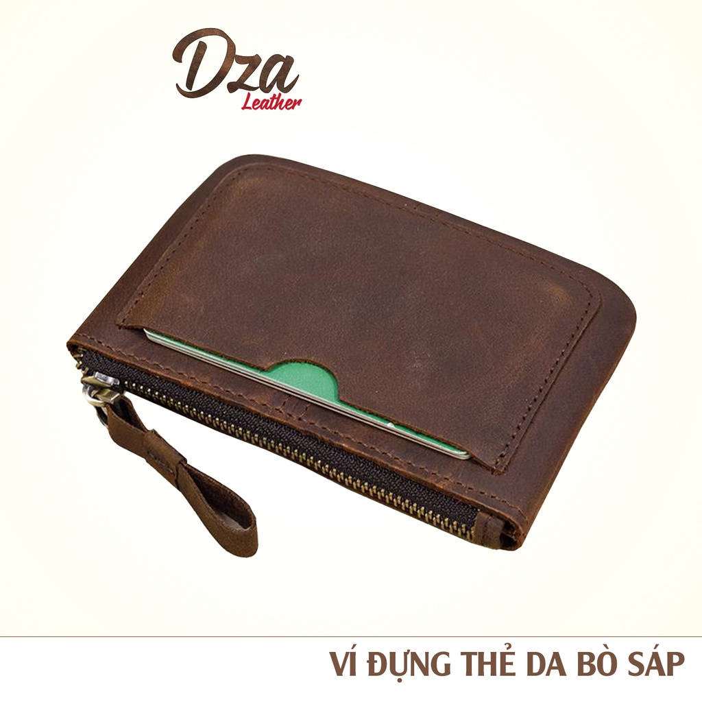 Ví đựng thẻ da bò sáp mini Dza leather có khóa kéo đồng nhỏ gọn sành điệu