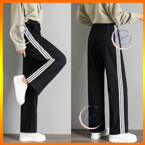 Quần Thể Thao Ống Rộng Dáng Dài Unisex 3 Sọc Cạp Chun Dây Rút Lưng Cao Chất Cotton Hanva
