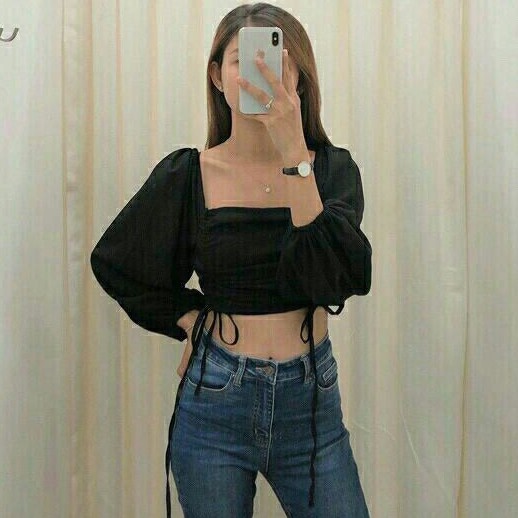 Áo croptop nữ kiểu bẹt vai cổ vuông phối dây rút 2 bên eo chất vải Voan