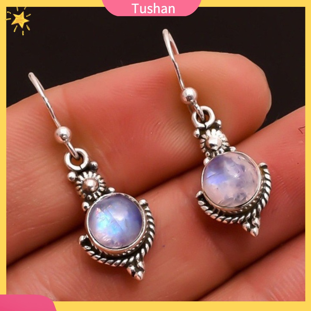 TUSH_Vintage Women Rainbow Color Faux Moonstone Gemstone Dangle Hook Earrings Jewelry