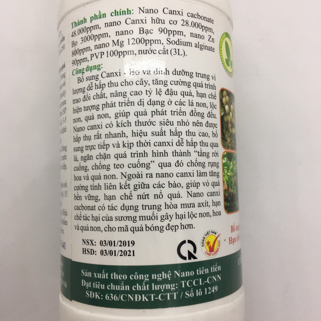 Dung dịch Nano Canxi Super dùng cho cây ăn trái 500ml chống sương muối, mưa axit, chống rụng hoa trái non, nano bạc