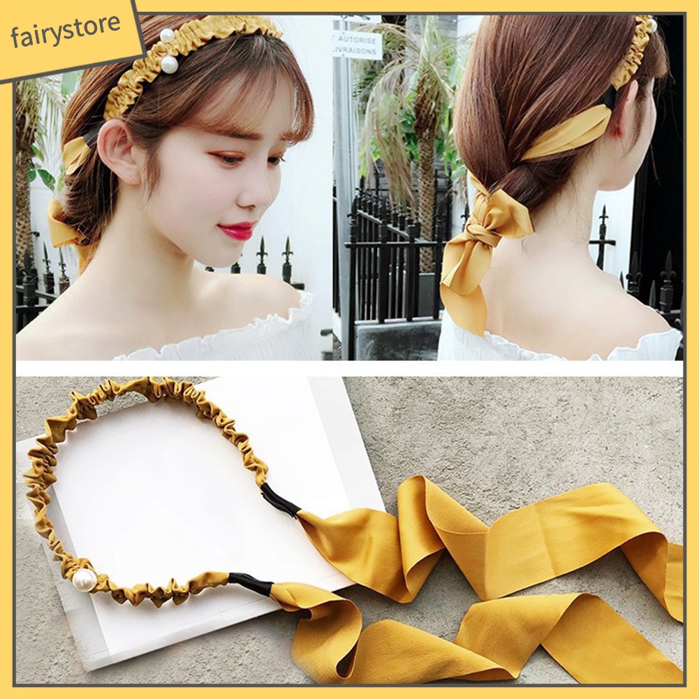 Băng Đô Cài Tóc Buộc Dây Ruy Băng Đính Ngọc Trai Nhân Tạo Xinh Xắn Dành Cho Phụ Nữ