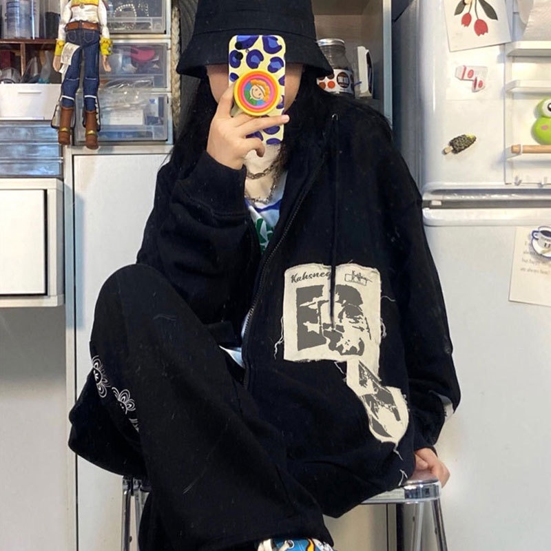 Áo khoác hoodie khóa kéo in hình graffiti đường phố bụi thời trang mùa thu cho nữ y2k