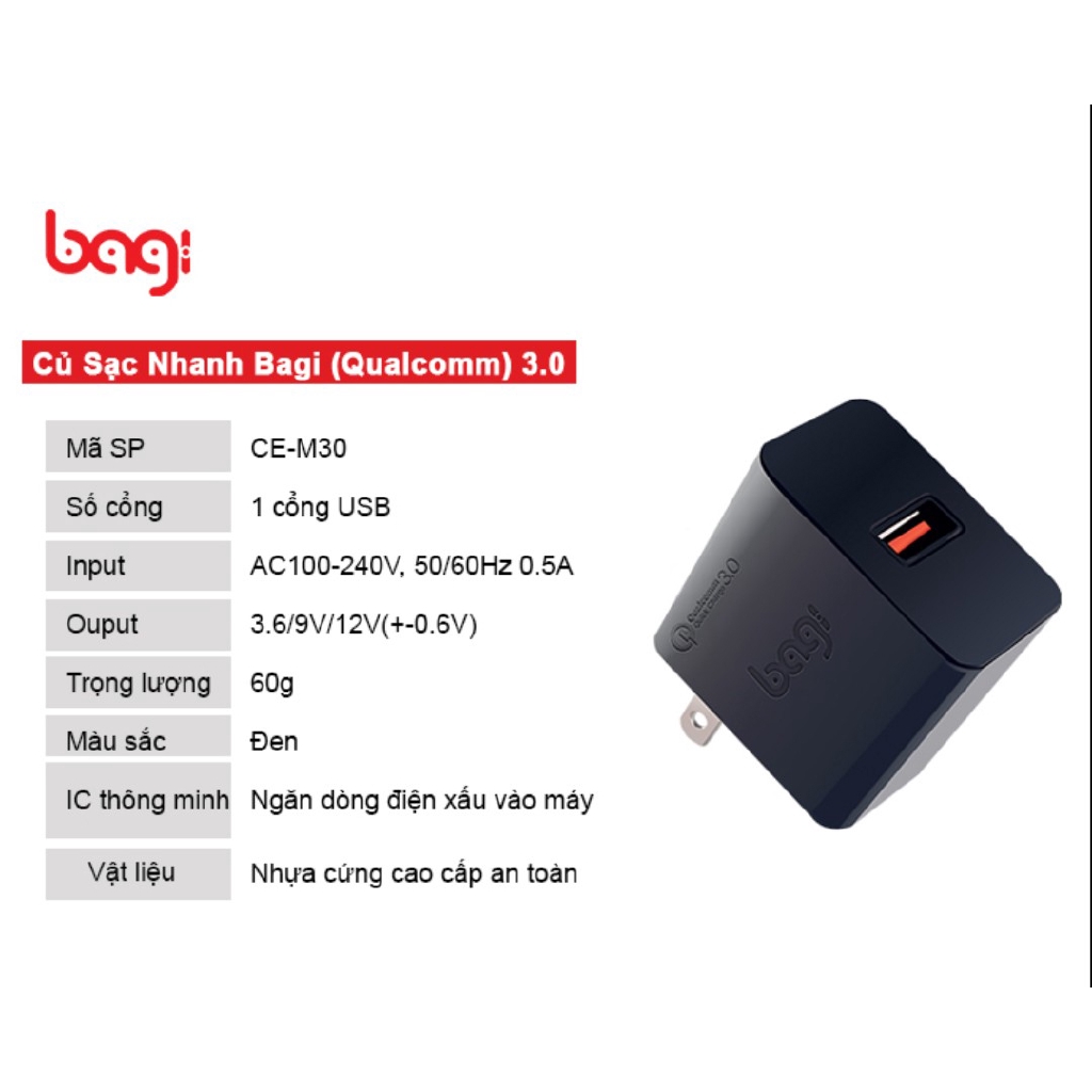 Củ Sạc Nhanh Quick Charge Bagi 3.0 Tiêu Chuẩn Châu Âu CE-M30